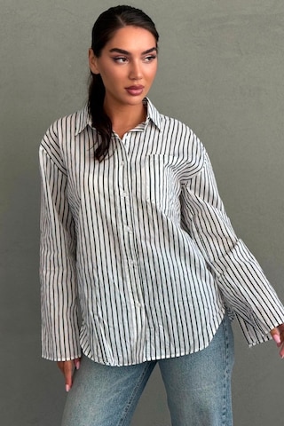 Madmext Beyaz Çizgili Sendy Kumaş Kadın Gömlek Mg2834