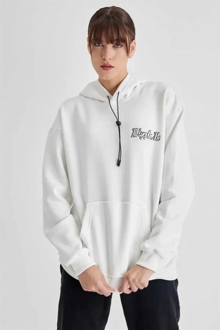 Veraura Lifestyle Kapüşonlu Sırt Baskılı Üç İplik Oversize Sweatshirt - Beyaz