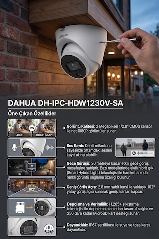 Dahua 2mp Dahili Mikrofonlu Sesli Poe Ip Dome Kamera Gece Görüşlü İç Dış Mekan Dh-ıpc-hdw1230v-sa