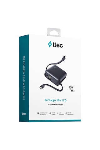 Recharger Mini Lcd 10.000mah Pd 20w Usb-c Ve Lightning Dahili Kablolu Taşınabilir Hızlı Şarj Gri