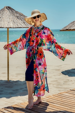 Remsa Tesettür Mayo Üzerine Tek Kaftan Kimono Pareo Lacivert02 Rp030 Flowers Lacivert