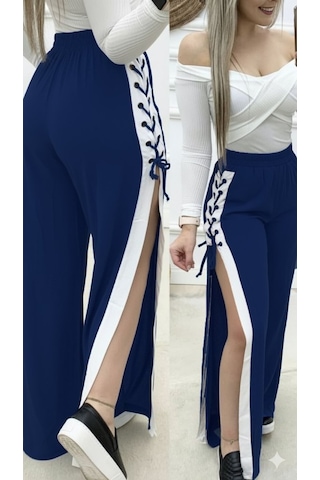 Tua Moda Kadın Yüksek Bel Yandan Çapraz Bağcıklı Yırtmaçlı Viskon Iki Iplik Pantolon Lacivert