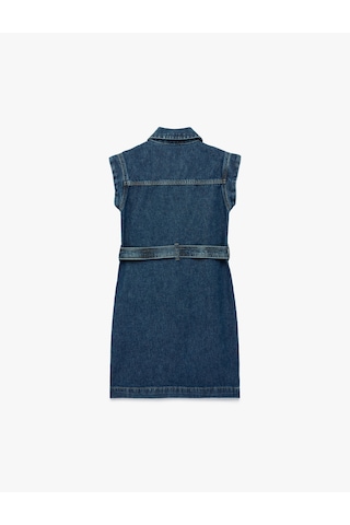 Koton Pamuklu Kolsuz Kuşak Detaylı Gömlek Yaka Denim Elbise Orta İndigo 6skg80003ad İndigo
