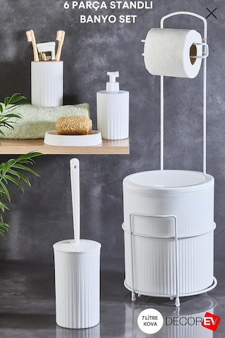 Decorev 6 Parça Metal Standlı Banyo Seti 7 Litre Çöp Kovası, Tuvalet Kağıtlığı, Sabunluk, Fırçalık Ve Sıvı Sabunluk Dc Beyaz