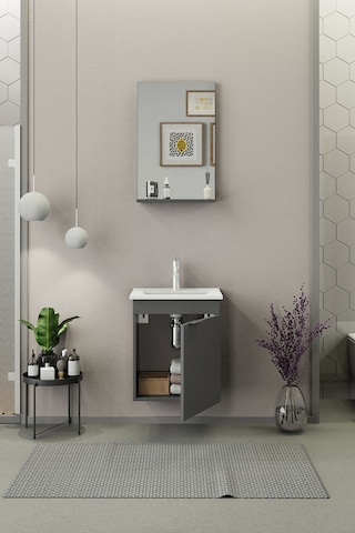 Biani Fix Arya Slım 50 Cm Banyo Dolabı,Seramik Lavabolu, Aynalı,Lavabo Dahil,Mdf,Mat Gri