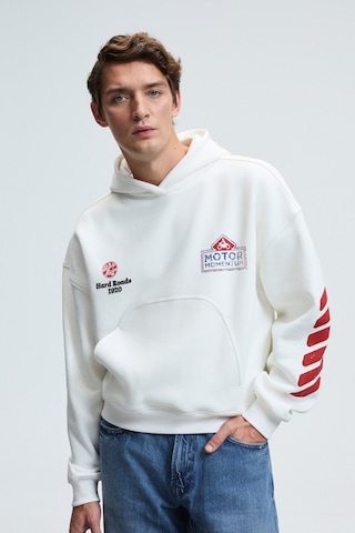 Grimelange ABISMO Erkek Kapüşonlu Kanguru Cepli Kolları ve Sırtı Baskılı Relaxed Fit Beyaz Sweatshirt
