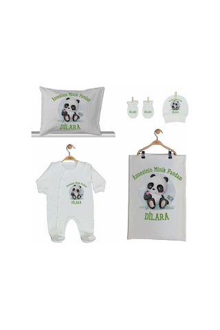 Pia Baby Gl 2009 İsme Özel Pandalı Beşli Tulum Set Krem