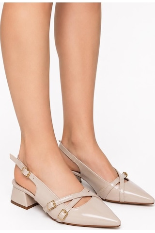 Asmi Shoes Kadın Jela Bej Rugan 4 Cm Kısa Topuklu Tokalı Ayakkabı