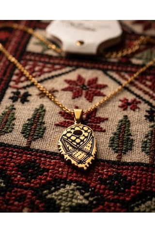 Filistin Kefiyesi Desenli Gold Rengi Zincirli Çilek Kolye J300036