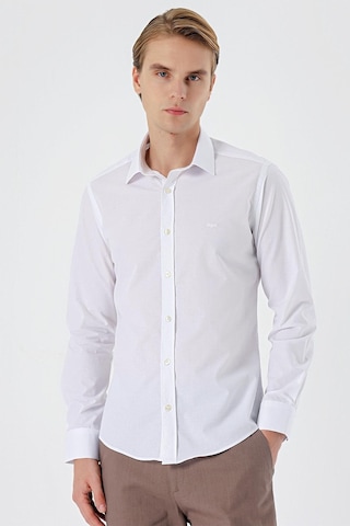 İmza Beyaz Uzun Kol Filafil Desen Filafil Sert Yaka Cepsiz Pamuklu Basic Slim Fit Gömlek 1004245008 Beyaz