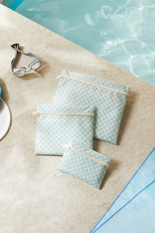 Ocean Home Textile 3'lü Su Geçirmez Pvc Astarlı Mint Dama Desen Islak Kuru Çantası 20 X 13 / 24 X 20 / 30 X 24 Cm