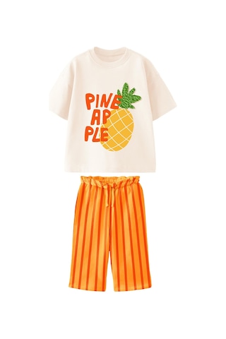 Kız Çocuk Pineapple - Ananas Baskı Detaylı Müslin Kumaş Jogger Pantolonlu Nakışlı Trend Altüst Takım Turuncu