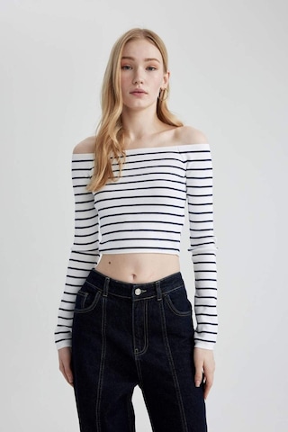 DeFacto Slim Fit Dar Kesim Çizgili Açık Omuz Triko Kazak B7573AX24SPNV31 Lacivert