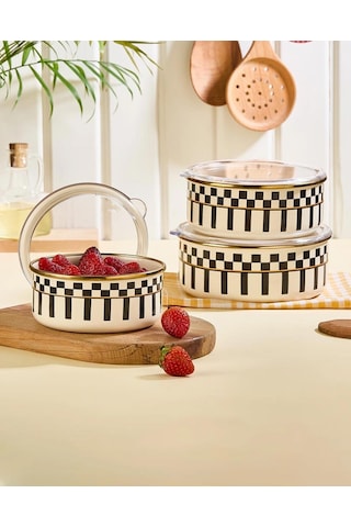 Prime Cream 3 Lü Emaye Saklama Kabı Ve Emaye Servis Tepsisi 28 Cm Krem