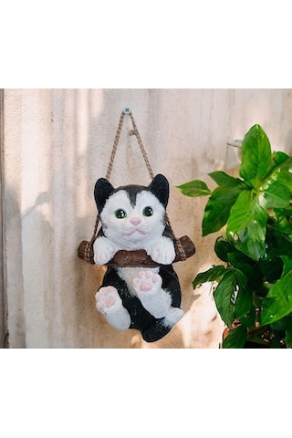 1 Adet Dekoratif Sallanan Duvar Ve Bahçe Süsü Kedi Siyah-beyaz