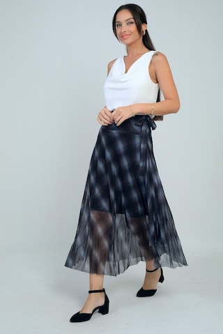 Kadın Yanları Kısa Astarlı Ekose Uzun Tül Etek-41721 Siyah