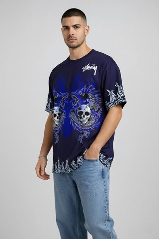 Barlashive Erkek Oversize Tişört Dragon Kuru Kafa Baskılı Bisiklet Yaka T-shirt - Lacivert Çok Renkli
