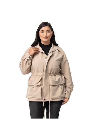 Büyük Beden Çıtçıt Ve Fermuar Kapamalı Beli Büzgülü Astarlı Bej Rengi Trençkot Bej