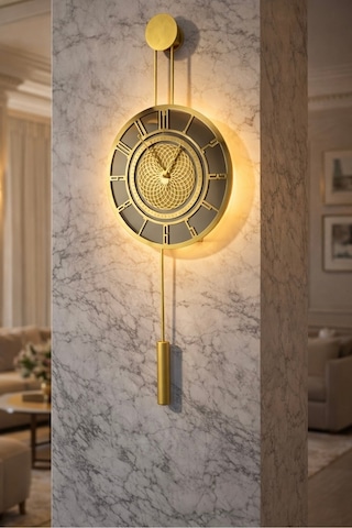 Metaquartz Aksesuar Pendulum Saat - Premium Gold Chakra Dizayn - Ledli Metal Duvar Saati Sarı