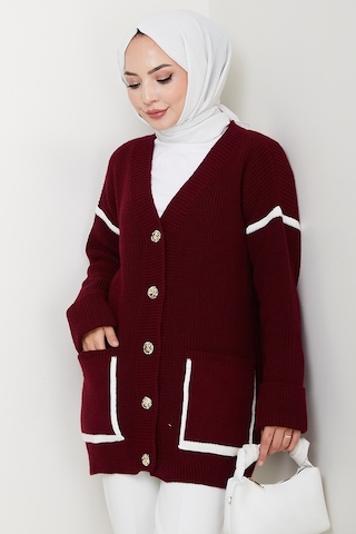 Bestenur İlge Düğmeli Triko Hırka 1597 - Bordo Bordo