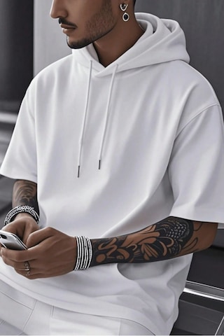 Tarz Cool Erkek Oversize Kısa Kollu Kapüşonlu Tişört Sweatshirt Beyaz