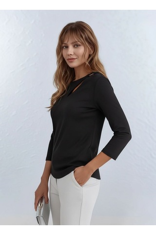 Kadın Yakada Toka Detay Spor Şık Dokuma Kumaş Truvakar Kol Büyük Beden Şık Bluz Siyah