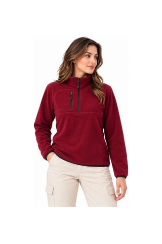 Velmora Fashion Kadın Polar Dik Yaka Yarım Fermuarlı Fermuarlı Göğüs Cepli Regular Fit Kışlık Sweatshirt - Bordo