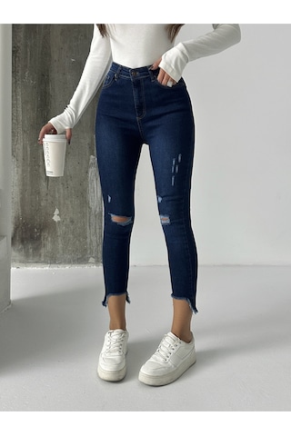 Kadın Paça Lazer Yırtık İşlemli Kot Dar Paça Lacivert