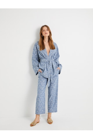 Koton Culotte Pantolon Beli Lastikli Cep Detaylı Çiçek İşlemeli Mavi 4sak40156pw Mavi