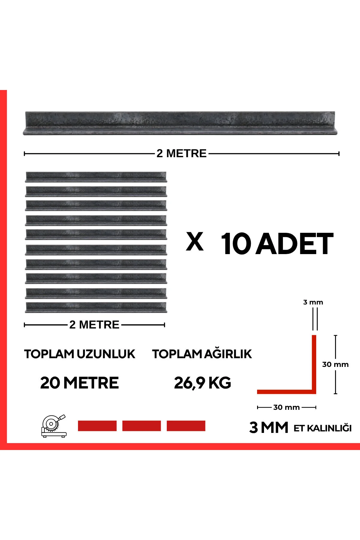 30x30x3 Mm L Köşebent Profil 2 Metre 10 Adet Kaynak, Metal İmalat Ve Raf Sistemleri İçin