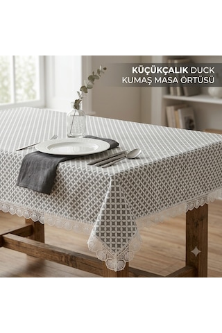 Küçükçalık Duck Kumaş Gri Geometrik Desenli Dantelli Masa Örtüsü