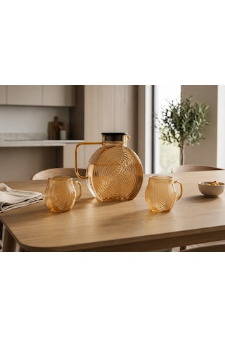 Borosilikat Cam Amber Salyangoz Desenli Filtreli Sürahi 2500 Ml Ve 2 Adet 300 Ml Bardak