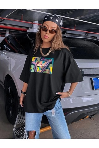 Kadın Siyah Oversize %100 Pamuk Endless Baskılı T-shirt Siyah