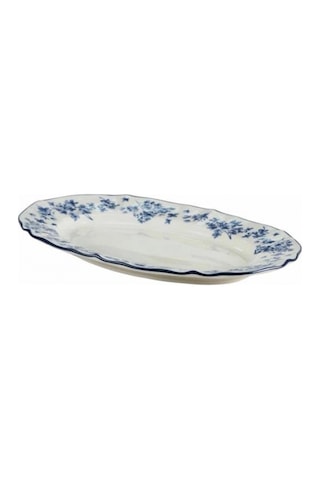 Acar Vintage Garden Mavi Çiçek Desenli Beyaz Porselen Oval Tabak 25x18 Cm Çok Renkli