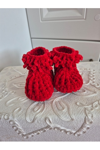 Designbynes El Örgüsü Kırmızı Renk Kız Çocuk İçin Panduf
