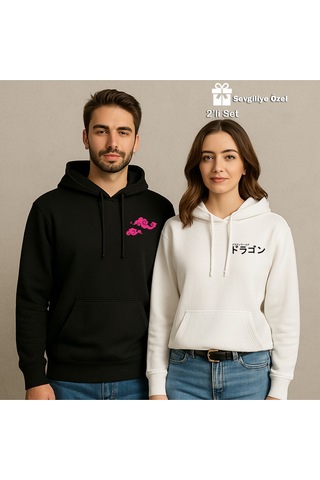 Nevermind Sevgili Çift Kombin Ejderha Baskılı Hoodie Unisex Oversize Kapüşo Siyah