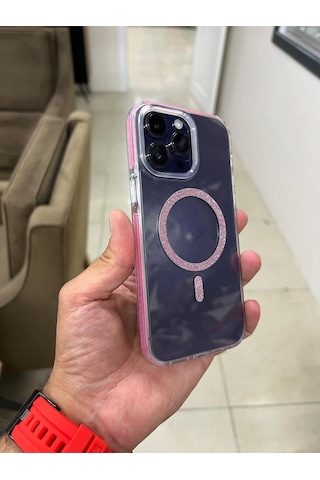 Apple Uyumlu iPhone 15 Simli Magsafe'li Kaliteli Premium Kadın Telefon Kılıf Pembe