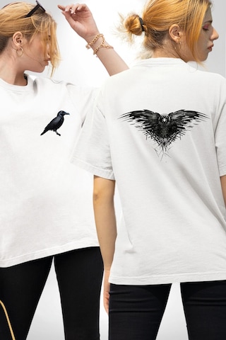 3 Gözlü Kuzgun Beyaz Oversize Unisex Ön Ve Sırt Baskılı Tişört Beyaz