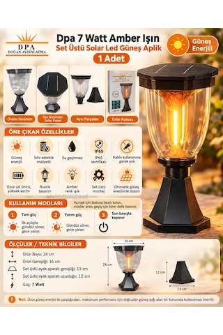Dpa 7w Amber Işın Set Üstü Solar Led Güneş Enerjili Şarjlı Armatür Lamba 2000k 190lm Ip65