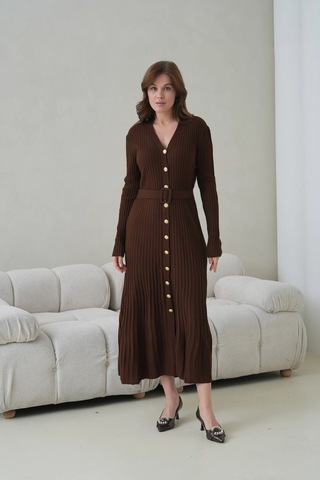Kadın V Yaka Ful Düğme Kapama Kemer Detay Maksi Boy Fitilli Triko Elbise Kahve