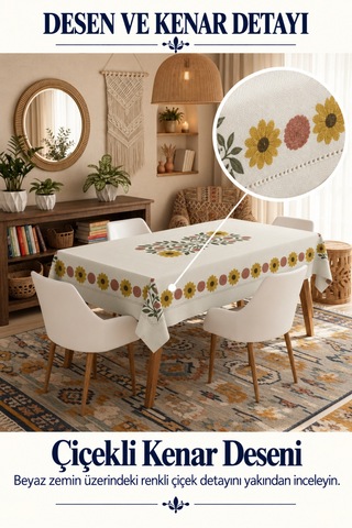 Vivanni Home Yıkanabilir Dikdörtgen Masa Örtüsü Günlük Kullanıma Uygun Pratik Ve Uzun Ömürlü Papatya Gül