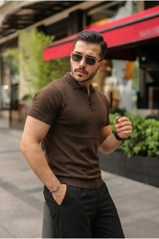 Efnaz Style Erkek Düğmeli Yaka Pamuk Triko Tişört Kahverengi