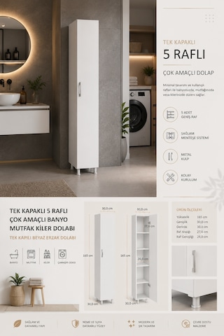 Renazzo %100 Mdf Tek Kapaklı 5 Raflı Çok Amaçlı Banyo Mutfak Kiler Beyaz