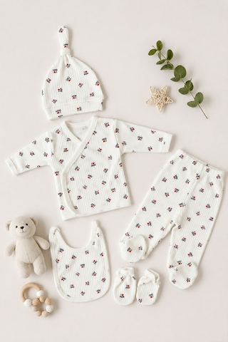 Sitilin Kız Erkek Bebek Hastane Çıkışı 5'li Set I Mom I Dad Baskılı %100 Pamuk Yenidoğan 0-3 Ay Stl7234 Beyaz