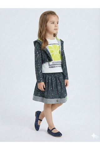 Xo Kids Simli Kumaş Kapüşonlu 3lü Kız Çocuk Etek Takımı 3-7 Yaş 4416 Lacivert