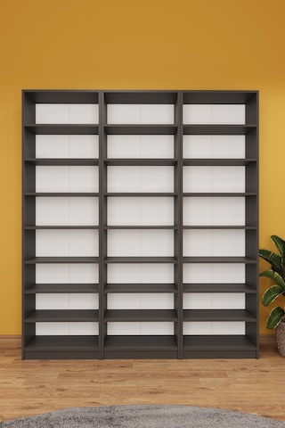 Asra Trend K-27 %100 MDF 180 cm 3 Modüllü Kitaplık 21 Raflı Dev Kütüphane Koyu Gri