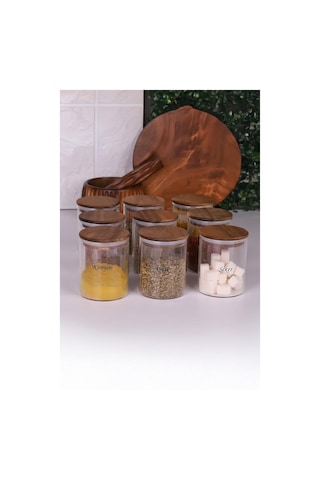 Akasya Kapaklı Borosilikat Cam Baharatlık Saklama Kavanozu 200 ML 9'lu + Etiket Ahşap - Şeffaf