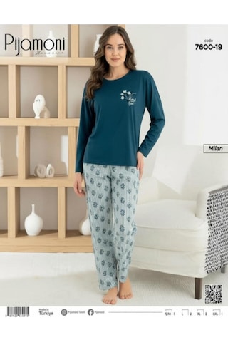 Pijamoni Kadın Milan Bisiklet Yaka Uzun Kol İnce Pijama Takımı 7600/19 - 1 Adet Petrol