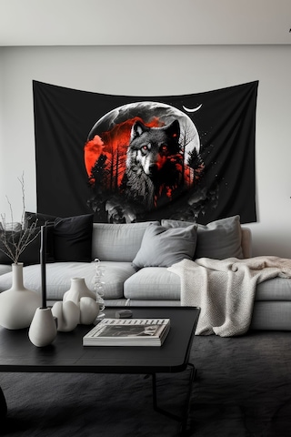 Kurt Ve Ay Desenli Duvar Halısı Duvar Örtüsü Tapestry Süet Dokulu Kumaş