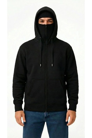 Defymoda Samuray Ninja Çift Kapüşonlu Zıp Fermuarlı Kanguru Cepli Tam Fermuarlı Hoodie Sweatshirt - Siyah Çok Renkli